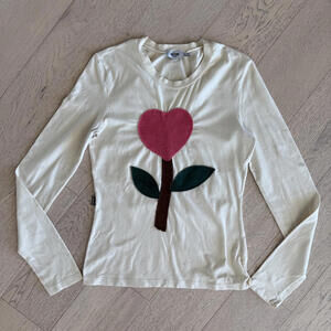 Moschino Cream Long Sleeve Top with Heart Flower Emroidery Shirt